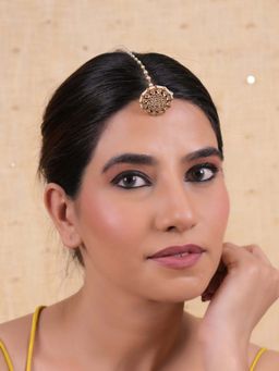 Shlok Jewels - Women White 18K Gold Plated Jadau Kundan Borla Maangtikka