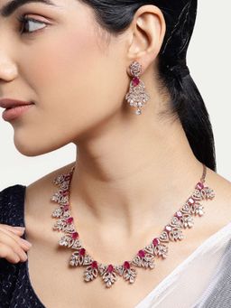 Estele - Rhodium Plated CZ Ornamented Necklace Set with Red Colored Stones for Women