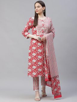 Jompers - Women Red and Off-White Ethnic Motifs Printed Kurta with Trousers & Dupatta (Set of 3)