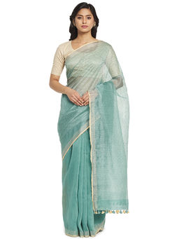 Fabindia - Blue Hand Woven Linen Blend Saree