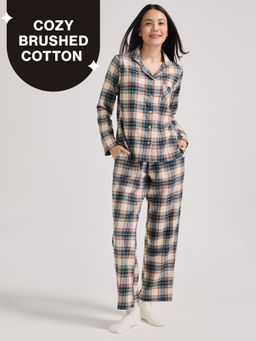 Nykd by Nykaa - cozy brushed cotton pajama set of 2-relaxed fit night suit NYS902-Blue & Cream Checks