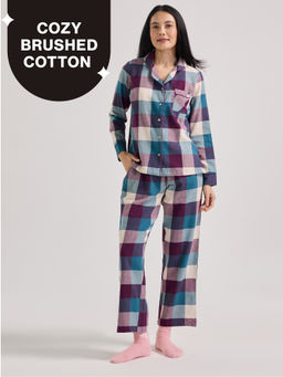 Nykd by Nykaa - cozy brushed cotton pajama set of 2-relaxed fit night suit NYS902-Grape & Blue