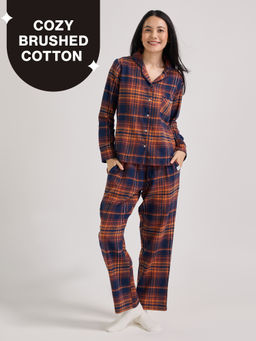 Nykd by Nykaa - cozy brushed cotton pajama set of 2-relaxed fit night suit NYS902-Navy Brown Checks