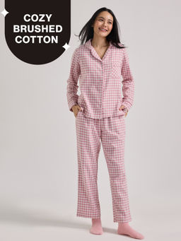 Nykd by Nykaa - cozy brushed cotton pajama set of 2-relaxed fit night suit NYS902-Pink