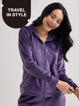 Nykd by Nykaa - Velour Hug Hooded Jacket for Women-Soft Winter Wear NYS918-Purple