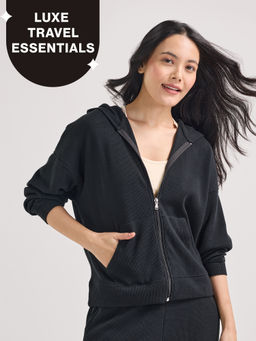 Nykd by Nykaa - Luxe Feather Knit Waffle Zip Up Hoodie Jacket-Jet Set Knit collection Nys947- Black