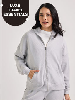 Nykd by Nykaa - Luxe Feather Knit Waffle Zip Up Hoodie Jacket-Jet Set Knit collection Nys947- Grey