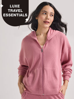 Nykd by Nykaa - Luxe Feather Knit Waffle Zip Up Hoodie Jacket-Jet Set Knit collection Nys947- Pink