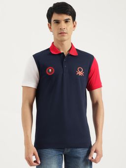 United Colors of Benetton - Navy Blue Regular Fit Solid Contrast Sleeve Sporty Polo T-Shirt