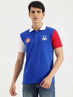 United Colors of Benetton - Blue Regular Fit Solid Contrast Sleeve Sporty Polo T-Shirt