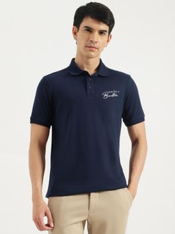 United Colors of Benetton - Navy Blue Relaxed Fit Typography Tonal Back Polo T-Shirt