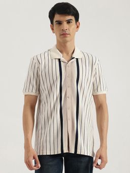 United Colors of Benetton - White Regular Fit Spread Collar Stripes Waffle Knit Shirt