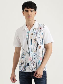 United Colors of Benetton - White Relaxed Fit Garden Print Resort Slub Shirt