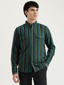 United Colors of Benetton - Green Button Down Stripes Double Pocket Flannel Shirt
