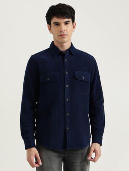 United Colors of Benetton - Regular Fit Spread Collar Textured Indigo Corduroy Shirt