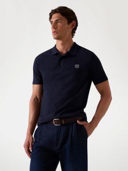 Guess - Mens Navy Blue Solid Collared Short Sleeves Polo T-Shirt