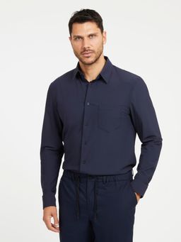Guess - Mens Navy Blue Solid Spread Collar Full Sleeve Sunset Tech Shirt