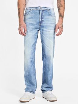 Guess - Mens Navy Blue Washed Relaxed Fit Mid Rise Jeans