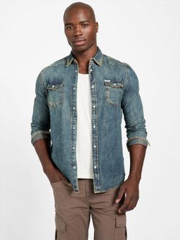 Guess - Mens Blue Washed Spread Collar Long Sleeves Shirt
