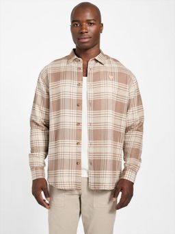 Guess - Mens Brown Checks Spread Collar Long Sleeves Shirt