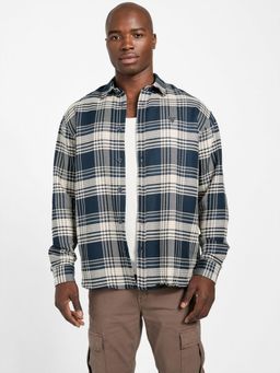 Guess - Mens Blue Checks Spread Collar Long Sleeves Shirt