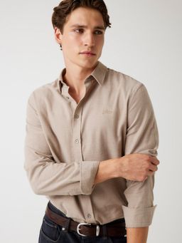 Guess - Mens Beige Solid Spread Collar Long Sleeves Shirt