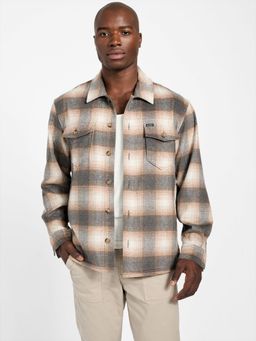 Guess - Mens Beige Macro Check Spread Collar Full Sleeve Shirt