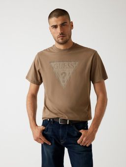 Guess - Mens Elk Brown Printed Round Neck Organic Stream Jersey T-Shirt