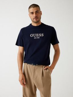 Guess - Mens Navy Blue Brand Logo Round Neck Short Sleeves T-Shirt