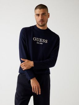 Guess - Mens Navy Blue Brand Logo Round Neck Long Sleeves T-Shirt