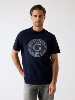 Guess - Mens Smart Blue Printed Round Neck Organic Heavy Jersey T-Shirt