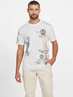 Guess - Mens White Graphic Round Neck Short Sleeves T-Shirt