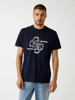 Guess - Mens Smart Blue Printed Round Neck Organic Stream Jersey T-Shirt