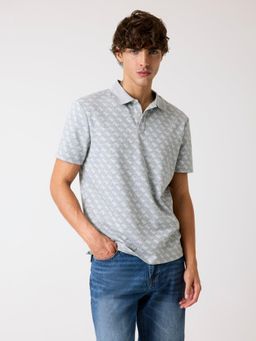 Guess - Mens 4G Allover Grey Printed Jacquard Polo T-Shirt