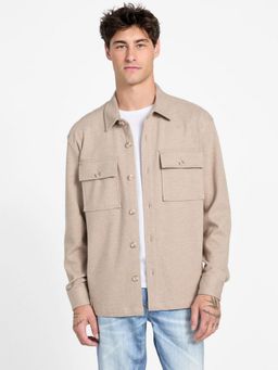 Guess - Mens Beige Solid Spread Collar Long Sleeves Shirt