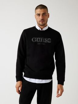 Guess - Mens Jet Black Solid Round Neck Full Sleeve Cotton Fleece Sweatshirt