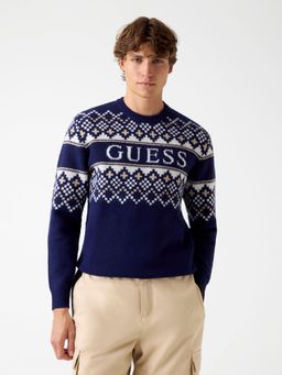 Guess - Mens Smart Blue Knitted Round Neck Full Sleeve Yarn Sweater