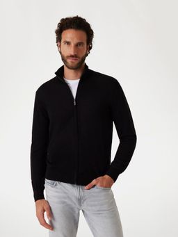 Guess - Mens Jet Black Solid High Neck Full Sleeve Merino Yarn Jacket