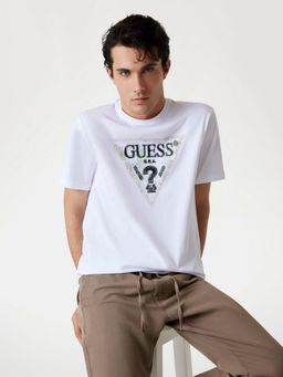 Guess - Mens White Graphic Round Neck Short Sleeves T-Shirt