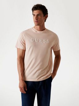 Guess - Mens Pink Applique Round Neck Short Sleeves T-Shirt