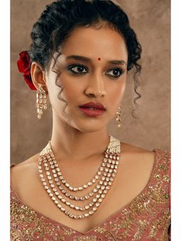 Curio Cottage - White Kundan Opera Necklace & Earrings (Set of 2)