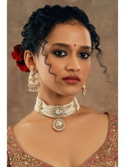 Curio Cottage - White Serene Polki and Pearl Stringed Choker (Set of 2)