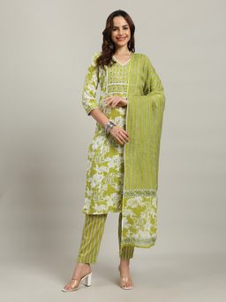MEENA BAZAAR - Women Green Cotton Floral Kurta with Pant and Dupatta