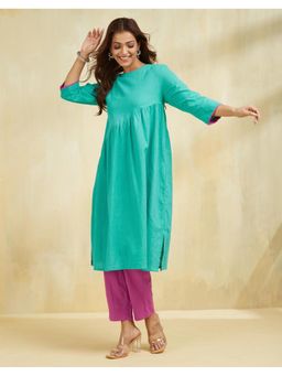 Fabindia - Women Aqua Cotton Solid Kurta with Pant