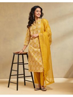 Fabindia - Women Mustard Cotton Printed Kurta with Pant and Dupatta