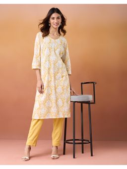 Fabindia - Women Yellow Cotton Floral Kurta with Pant