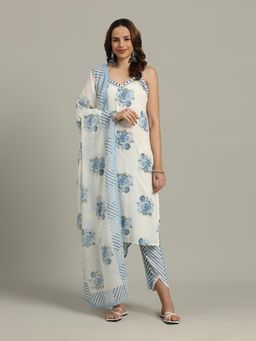 MEENA BAZAAR - Women Blue Cotton Floral Kurta with Pant and Dupatta