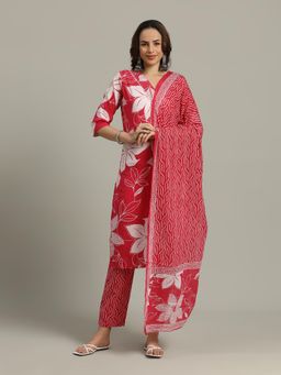 MEENA BAZAAR - Women Pink Cotton Floral Kurta with Pant and Dupatta