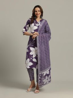 MEENA BAZAAR - Women Purple Cotton Floral Kurta with Pant and Dupatta