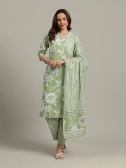 MEENA BAZAAR - Women Green Cotton Floral Kurta with Pant and Dupatta
